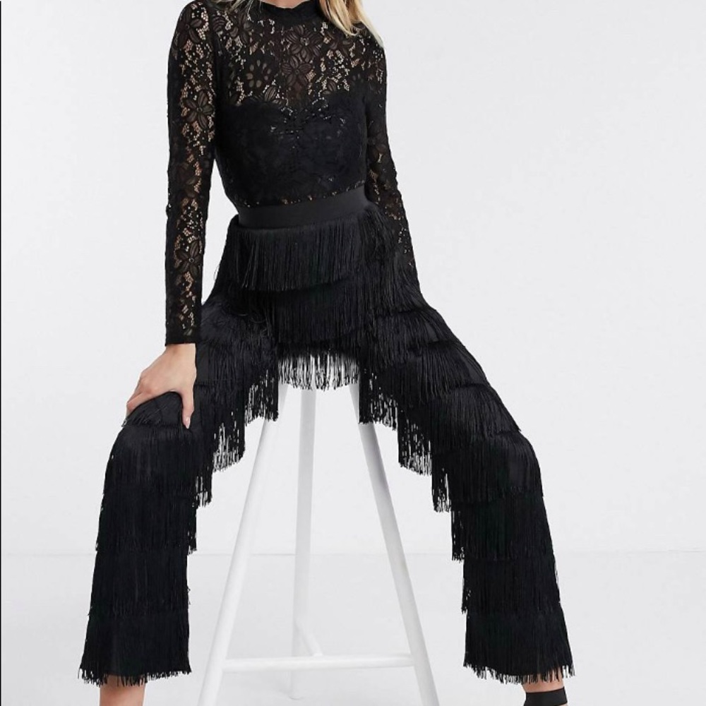 Rare London fringe high neck jumpsuit in black